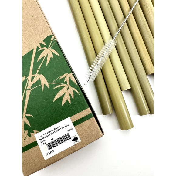 New Pack of 10 Bamboo Straws + Tube and Pipe Brush Reusable Green Bamboo Straws - Picture 2 of 2